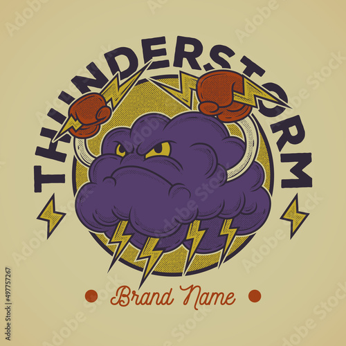 Cartoon emblem of thunderstorm cloud with retro style