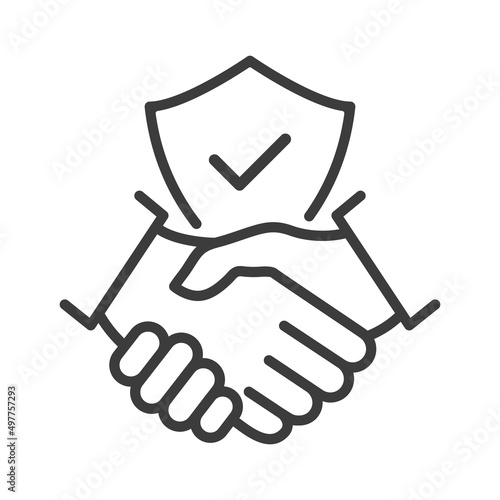 Handshake and shield line icon. International agreement concept with check mark. World partnership linear symbol. Vector isolated on white. photo