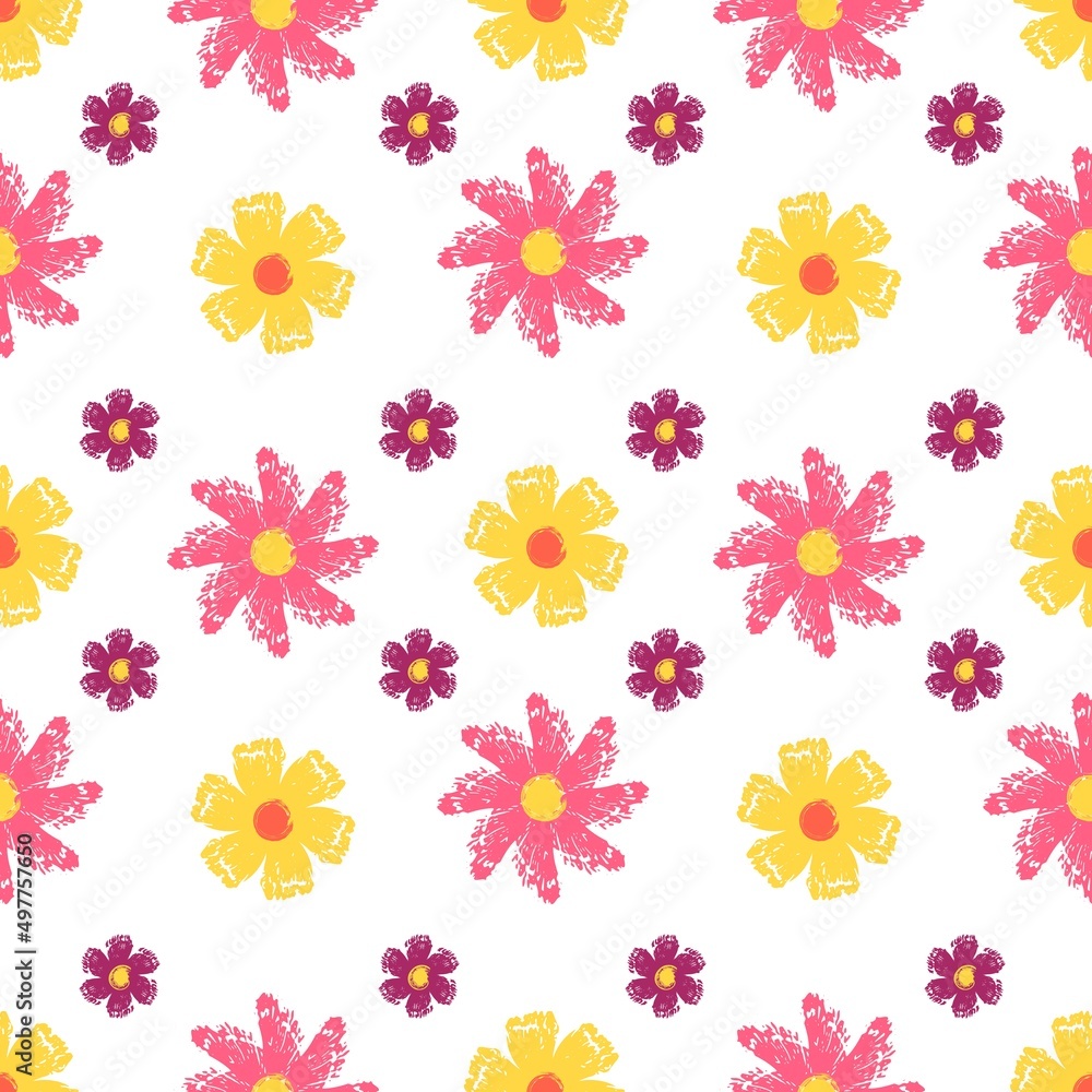 Seamless pattern with flowers from brush strokes. Vector illustration.