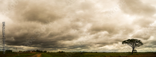 Panorama of dark clouds over summer fields. dark cloud before the summer storm.