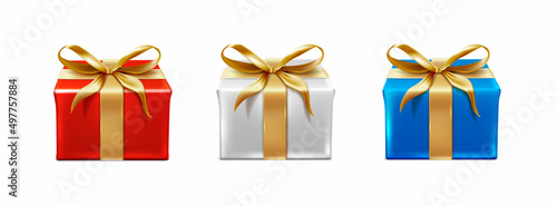 3d realistic vector set of icons. Celebration present boxes in red, white and blue color with golden ribbon and bows.