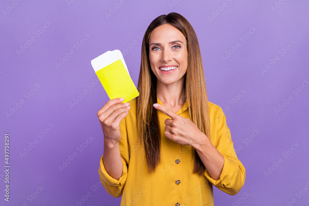 Photo of charming adorable girl recommend you active lifestyle tourism traveling isolated on violet color background Photo of charming adorable girl recommend you active lifestyle tourism traveling isolated on violet color background