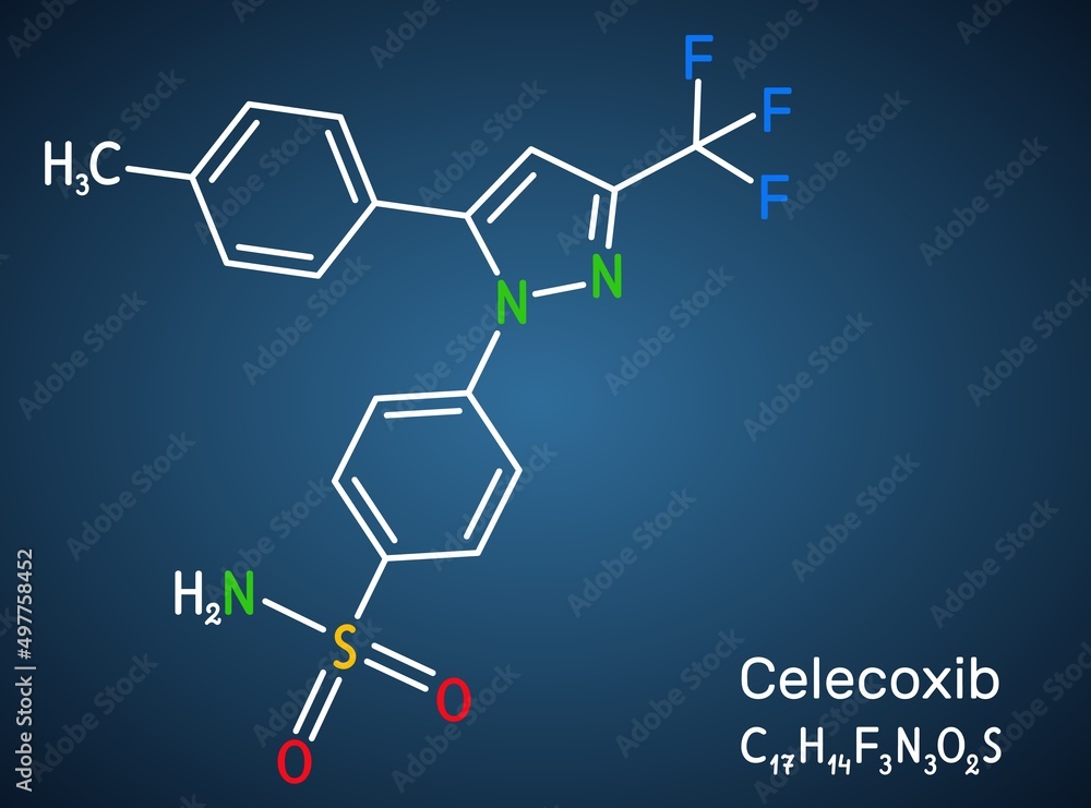 Celecoxib molecule. It is COX-2 inhibitor and nonsteroidal anti-inflammatory drug (NSAID. Structural chemical formula on the dark blue background. Vector illustration Celecoxib molecule. It is COX-2 inhibitor and nonsteroidal anti-inflammatory drug (NSAID. Structural chemical formula on the dark blue background. Vector illustration