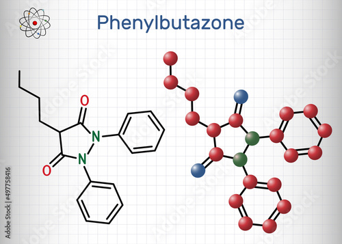 Phenylbutazone molecule. It is nonsteroidal anti-inflammatory drug NSAID, non-narcotic analgesic, antirheumatic drug. Structural chemical formula, molecule model. Sheet of paper in a cage photo