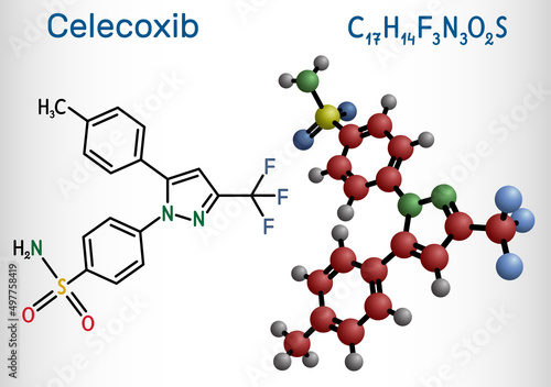 Celecoxib molecule. It is COX-2 inhibitor and nonsteroidal anti-inflammatory drug (NSAID. Structural chemical formula, molecule model.