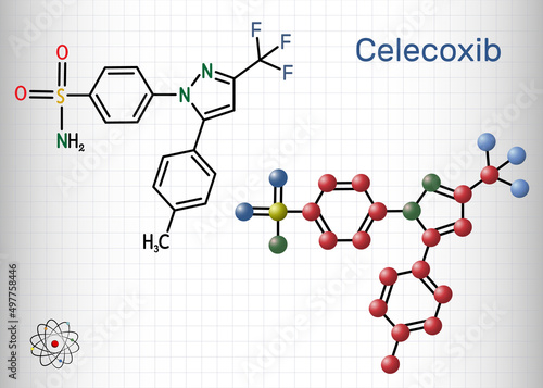 Celecoxib molecule. It is COX-2 inhibitor and nonsteroidal anti-inflammatory drug (NSAID. Structural chemical formula, molecule model. Sheet of paper in a cage.