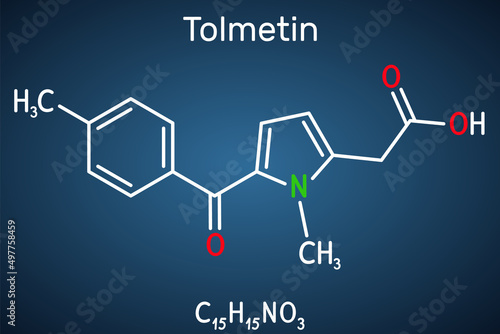 Tolmetin molecule. It is monocarboxylic acid, nonsteroidal anti-inflammatory drug NSAID. Structural chemical formula on the dark blue background