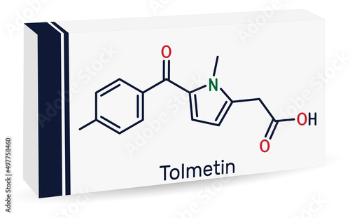 Tolmetin molecule. It is monocarboxylic acid, nonsteroidal anti-inflammatory drug NSAID. Skeletal chemical formula. Paper packaging for drugs