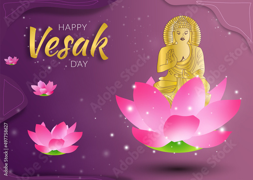 gold buddha on lotus and ivy flower Happy vesak day background.