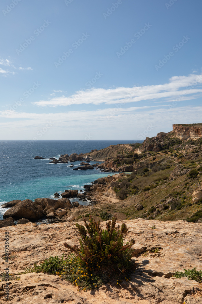 Fototapeta premium Panoramic scenic view of the coast of Malta. Discovering Malta island, Europe. Hiking in Malta. Active life in Malta