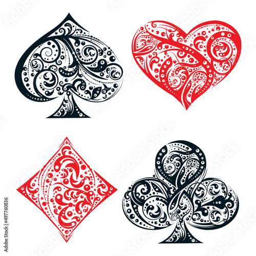 Set of four vector playing card suit symbols made by floral elements. Vintage stylized  illustration in black and red on white background. Works well as print, computer icon, emblem, gambling design