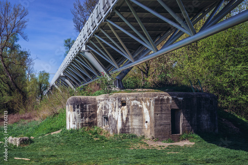 Old bunker under Freedom Cycling Bridge over Morava river in Bratislava city connecting Slovakia and Austria