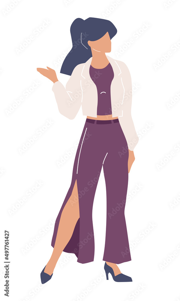 Young woman wearing white jacket and stylish pants semi flat color vector character. Posing figure. Full body person on white. Simple cartoon style illustration for web graphic design and animation Young woman wearing white jacket and stylish pants semi flat color vector character. Posing figure. Full body person on white. Simple cartoon style illustration for web graphic design and animation