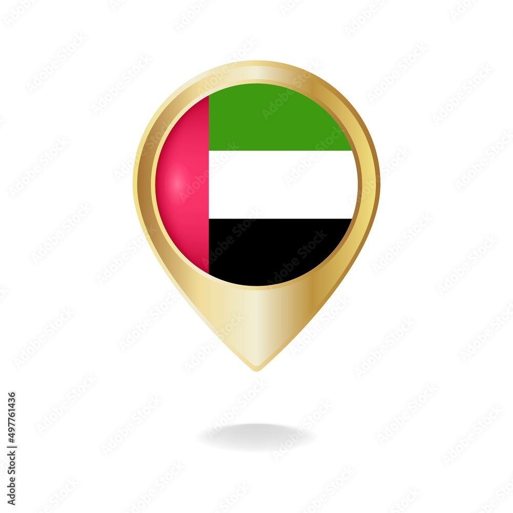United Arab Emirates flag on golden pointer map, Vector illustration eps.10 United Arab Emirates flag on golden pointer map, Vector illustration eps.10