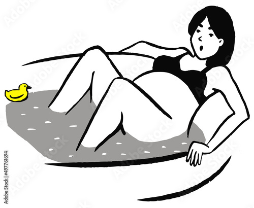 Water birth Pregnant woman in pool . Doodle style Vector illustration