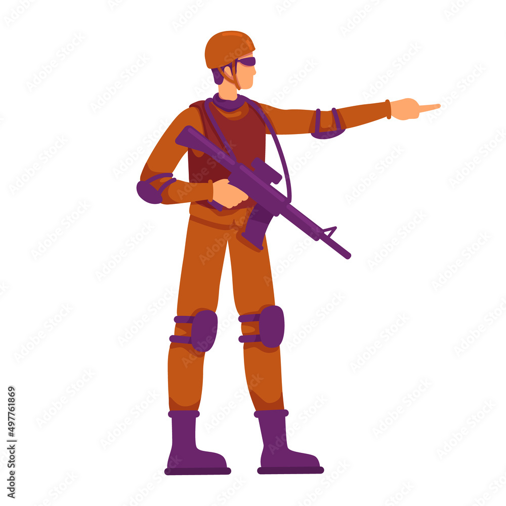 Fully equipped soldier pointing with finger semi flat color vector character. Standing figure. Full body person on white. Simple cartoon style illustration for web graphic design and animation Fully equipped soldier pointing with finger semi flat color vector character. Standing figure. Full body person on white. Simple cartoon style illustration for web graphic design and animation