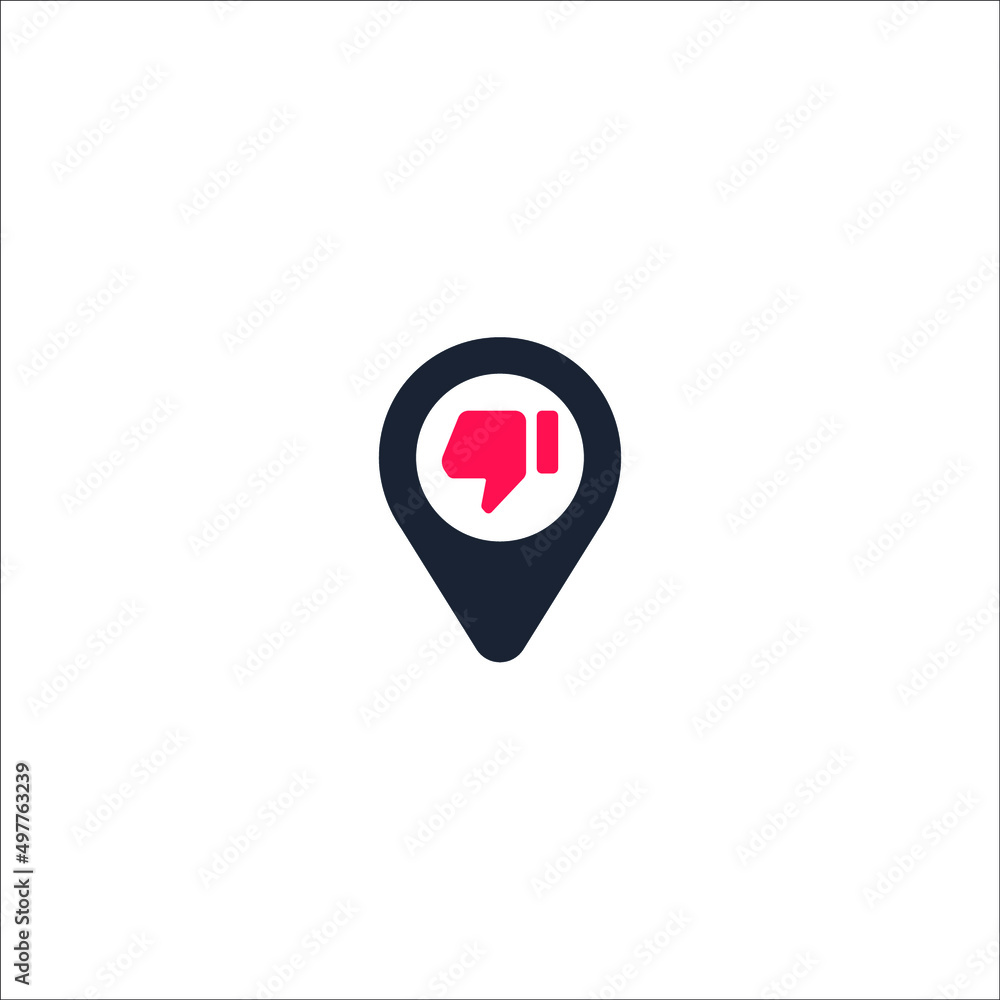 Thumb down icon on map pin. Location pointer isolated on a white background. Conceptual vector illustration. Thumb down icon on map pin. Location pointer isolated on a white background. Conceptual vector illustration.