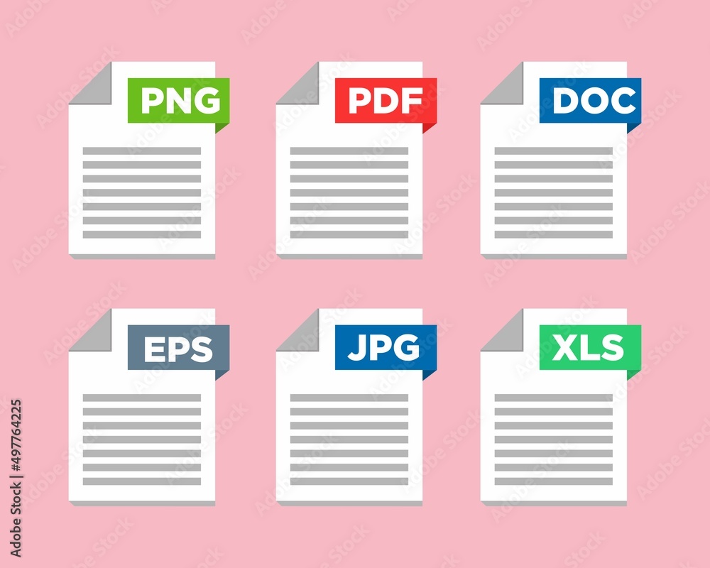 File type icons. Format and extension of documents. Set of pdf, doc ...
