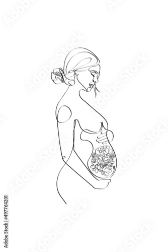 Pregnant woman with flowers. Female body one line art. Flower woman. Black outline vector illustration on white background. 