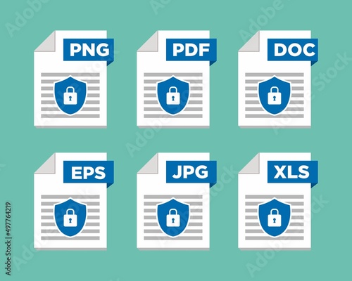 Security File type icons. Format and extension of documents. Set of pdf, doc, excel, png, jpg, psd, gif, csv, xls, ppt, html, txt and others. Icons for download on computer. Graphic templates for ui