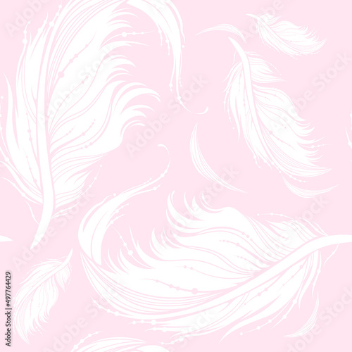 Feather seamless pattern. Decorative ornate white feathers on pale pink background. Monochrome vector illustration for fashion textile  wrapping paper  wallpaper.