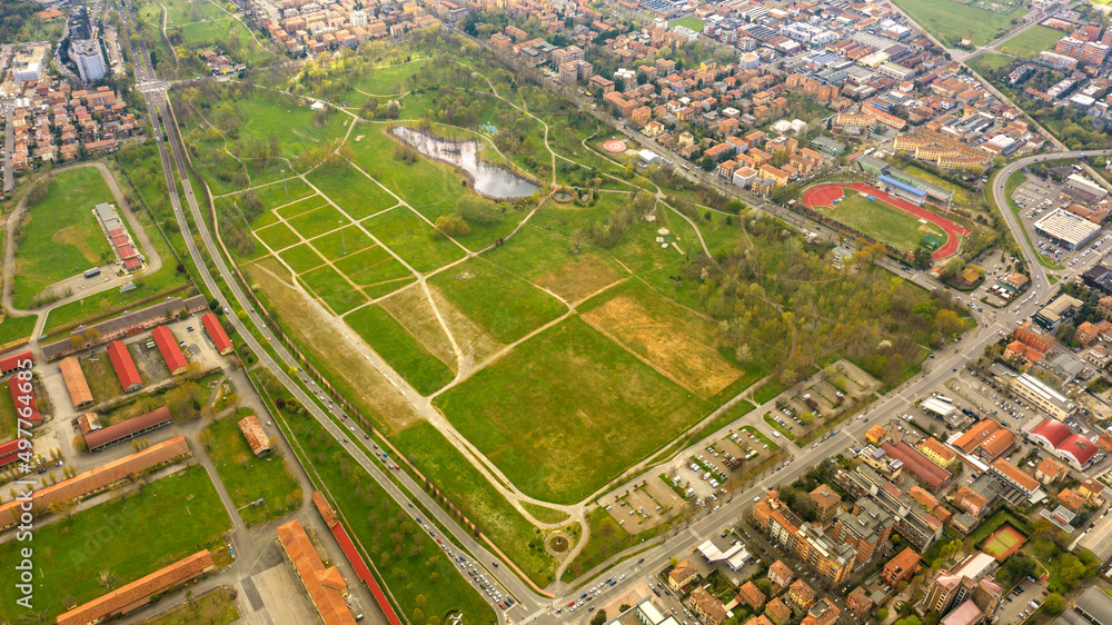 Aerial view of the Ferrari park in Modena, Italy. Here many citizens play outdoor sports.