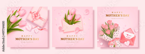 Set of Mother's day poster or banner with realistic tulips, sweet hearts, ribbons and pink gift box on pink background