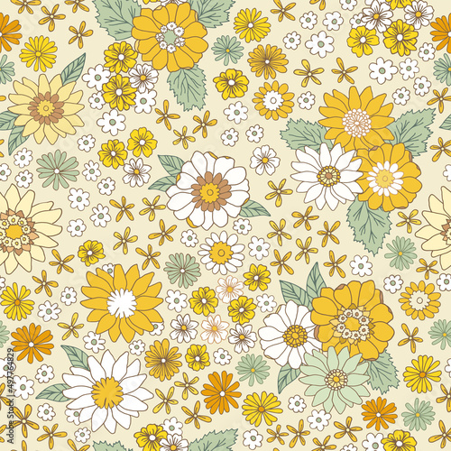 Floral vintage seamless pattern. Boho vector background. Hippie flower power retro textile print. Groovy botanical wallpaper