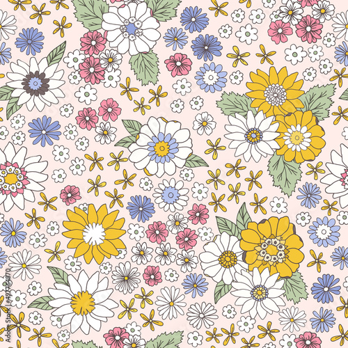 Floral vintage seamless pattern. Boho vector background. Hippie flower power retro textile print. Groovy botanical wallpaper