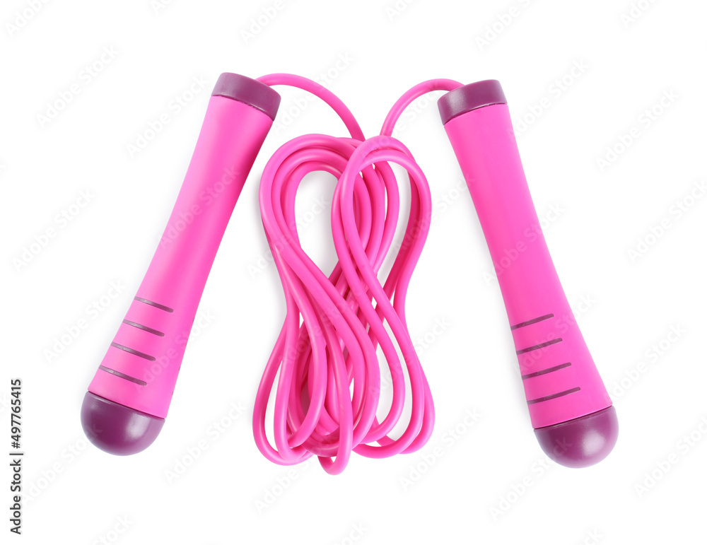 Pink skipping rope isolated on white, top view Pink skipping rope isolated on white, top view