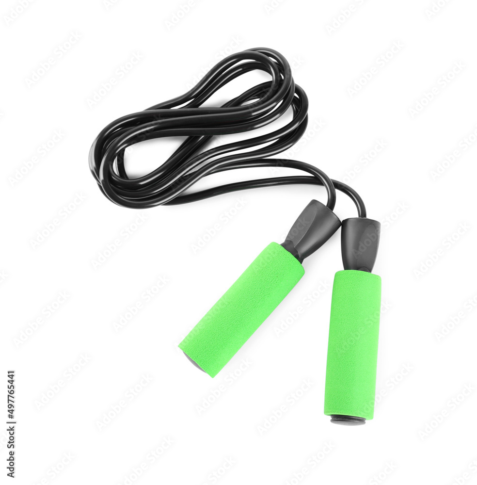 Black skipping rope with green handles isolated on white, top view Black skipping rope with green handles isolated on white, top view
