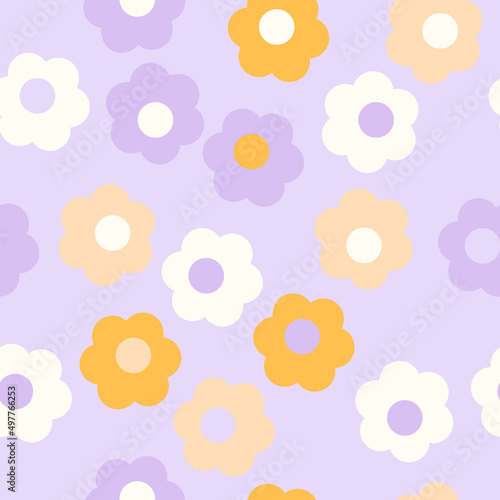 Groovy 70s retro style seamless pattern. Simple shaped flowers vector background. Cozy vintage fabric print, kids clothes, home textile