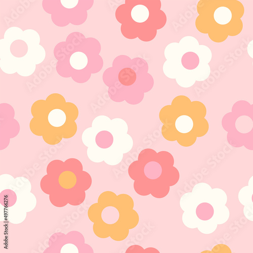 Groovy 70s retro style seamless pattern. Simple shaped flowers vector background. Cozy vintage fabric print, kids clothes, home textile