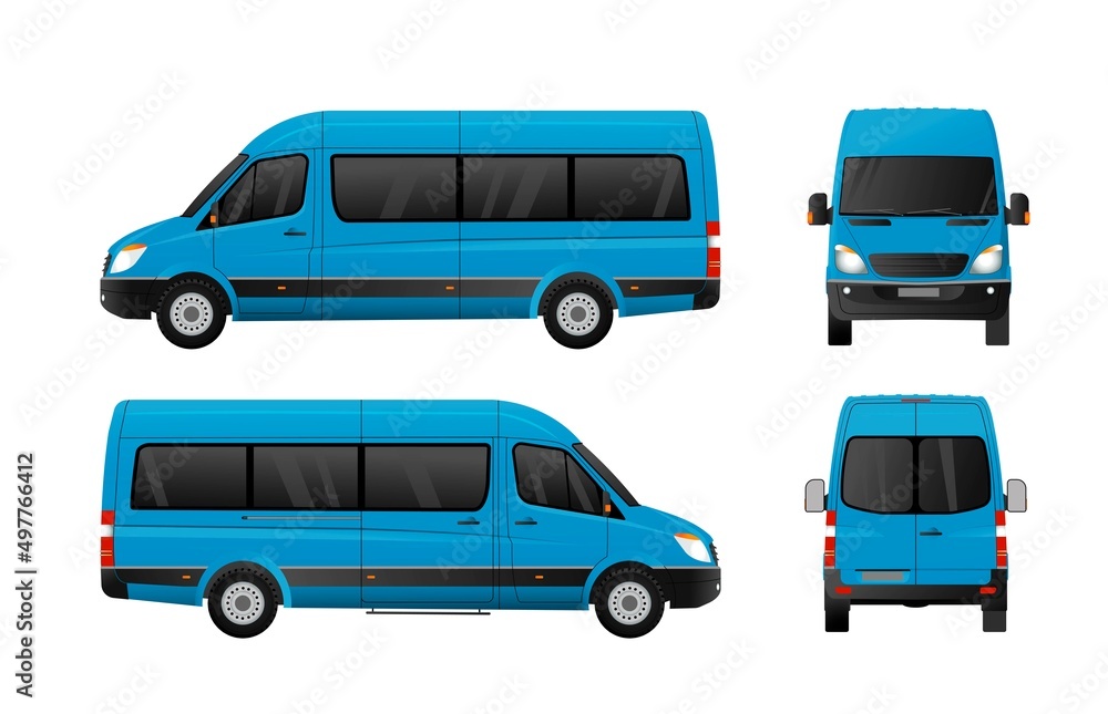 Blue passenger minibus, front, rear, right, left view. Urban transport. Blue passenger minibus, front, rear, right, left view. Urban transport.