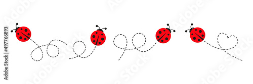 Ladybug icon set. Ladybirds flying on dotted route. Vector isolated on white.