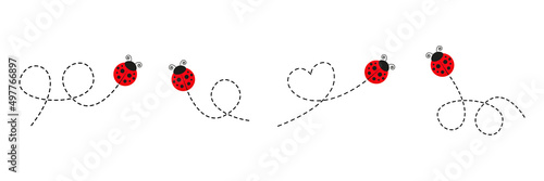 Ladybug icon set. Ladybirds flying on dotted route. Vector isolated on white.