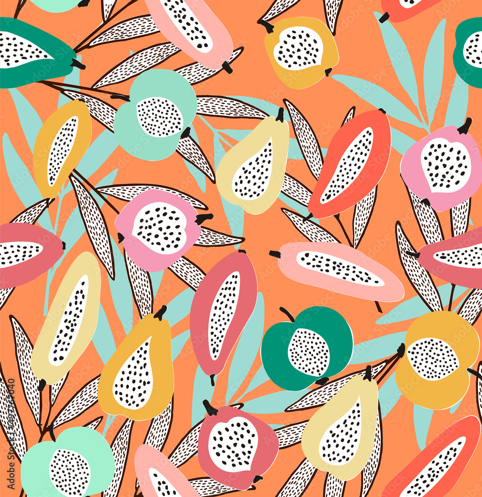 Tropical pattern made with fruits and leaves, with fun and colorful background perfect for fabrics and decoration