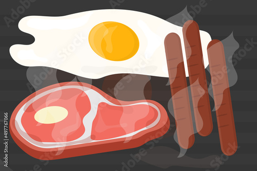 meat steak in a pan with sausages and fried eggs