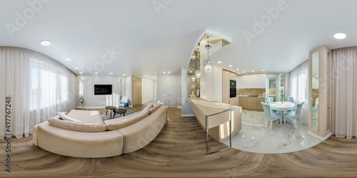 spherical hdri 360 panorama in interior of guest living room hall  with kitchen in studio apartment with sofa table armchairs and tv in equirectangular seamless projection, VR content photo