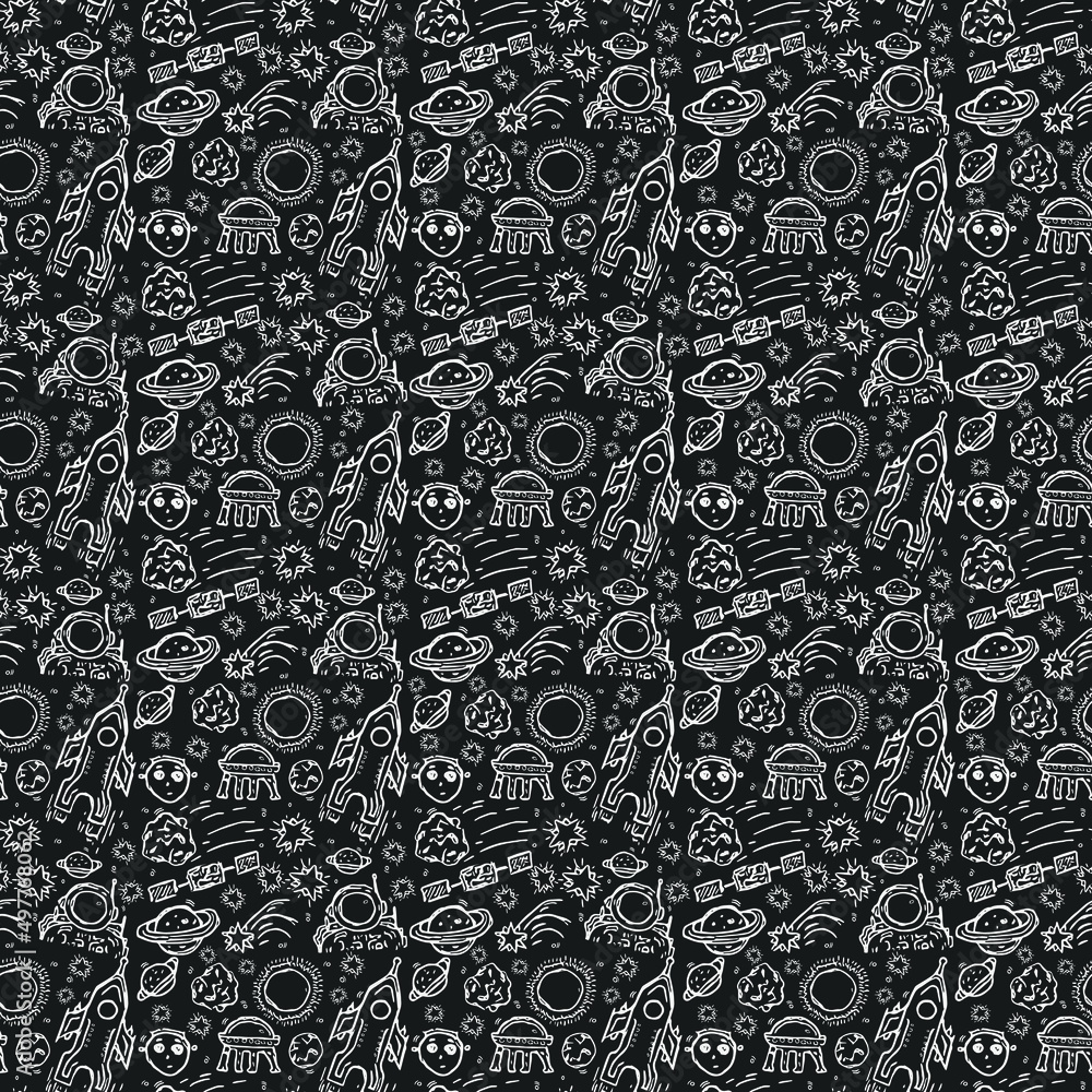 Seamless vector pattern with cosmos icons. Doodle vector with cosmos icons on black background. Vintage space pattern, sweet elements background for your project Seamless vector pattern with cosmos icons. Doodle vector with cosmos icons on black background. Vintage space pattern, sweet elements background for your project