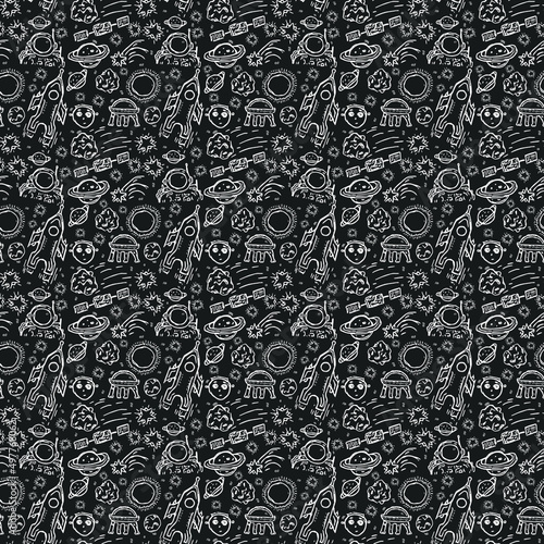 Seamless vector pattern with cosmos icons. Doodle vector with cosmos icons on black background. Vintage space pattern, sweet elements background for your project