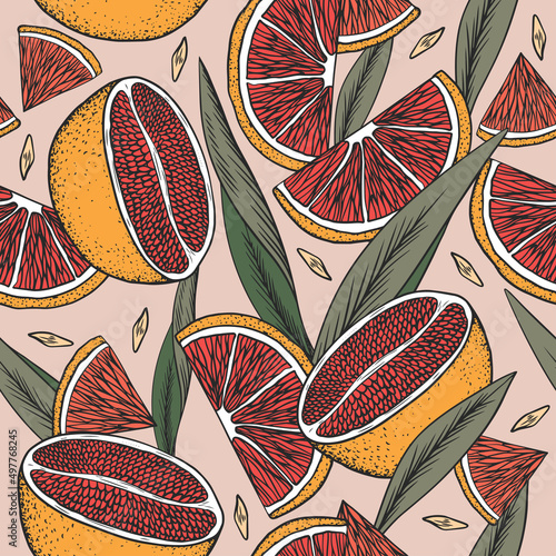 Seamless pattern with grapefruits and leaves