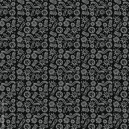 Seamless vector pattern with viruses. Doodle vector with viruses icons on black background