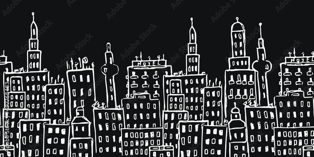 Black horizontal seamless pattern with city buildings	