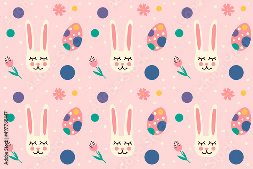  Сute Easter pattern with bunnies, eggs and flowers. Vector