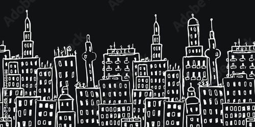 Black horizontal seamless pattern with city buildings	