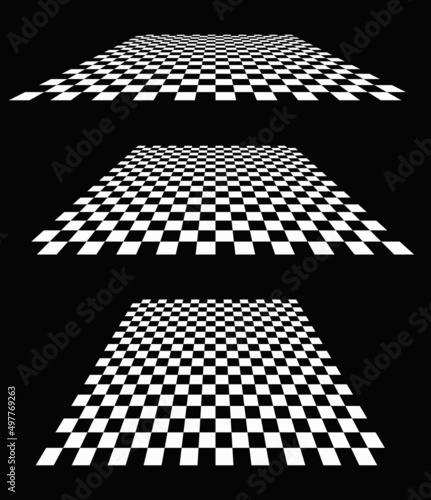 3d chessboard, checkerboard pattern in perspective. Checkered, chequered checks planes vanishing, diminishing into horizon