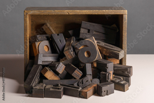 vintage wooden letterpress printing blocks, letters and numbers in a wooden box