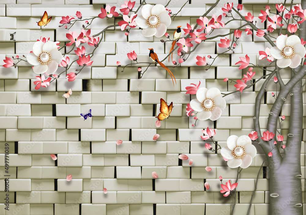 3D wallpaper beautiful flower tree with brick background nice butterfly  Stock Illustration | Adobe Stock