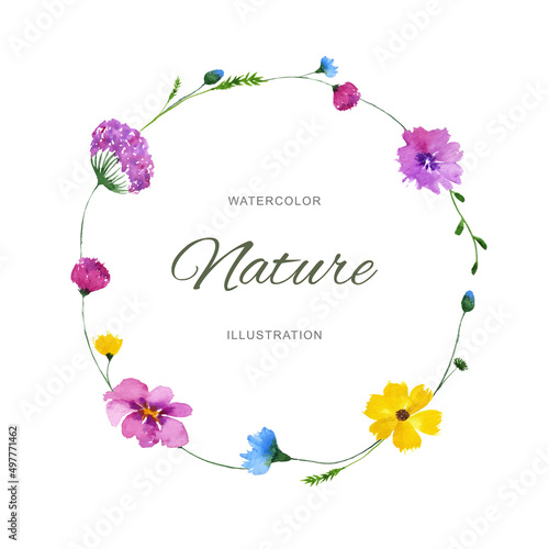 Watercolor wildflower wreath. Floral frame with place for text.